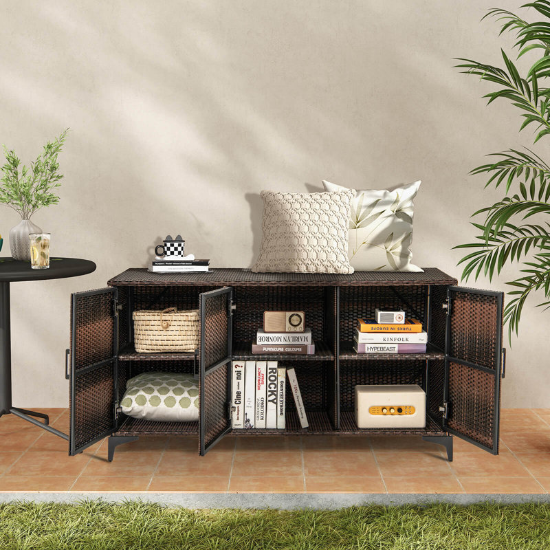 Costway 84 Gallon 3-door Patio Wicker Storage Cabinet Deck Box With Removable Shelves, Mix Brown