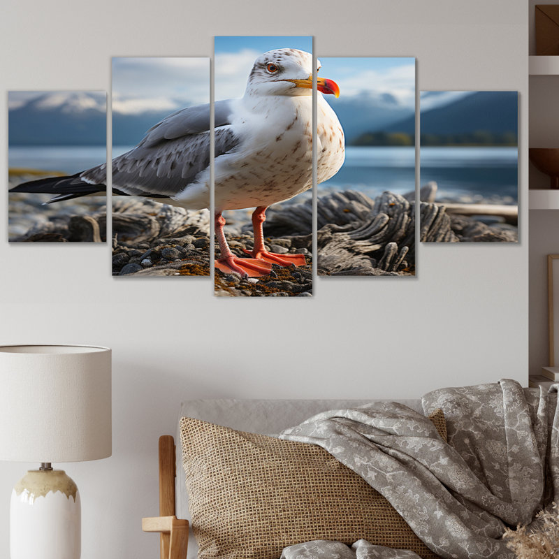 Portrait de mouette sur un rocher - décoration murale animaux - 5 panneaux