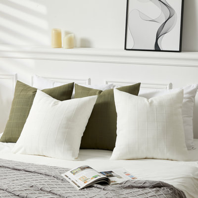 Chenille Checkered Throw Pillow Covers(Set of 4) - 20x20 Inch Decorative Pillow Covers, Soft & Washable - 2 White + 2 Green for Sofa, Bed, Living Room