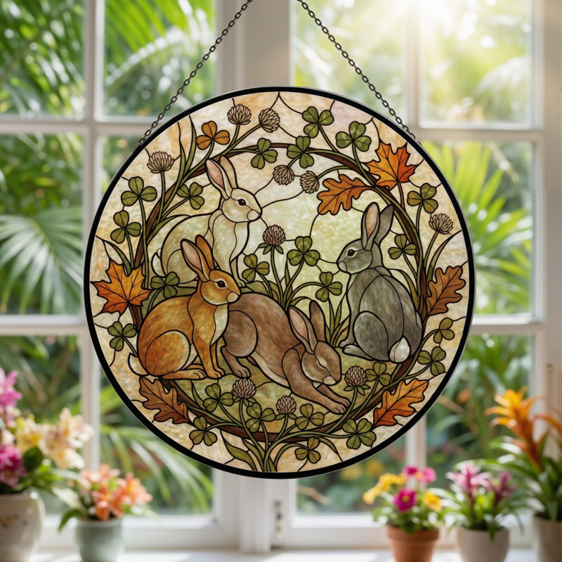 Rabbit Wreath Stained Glass Window Panel，7.8H, 7.8"H