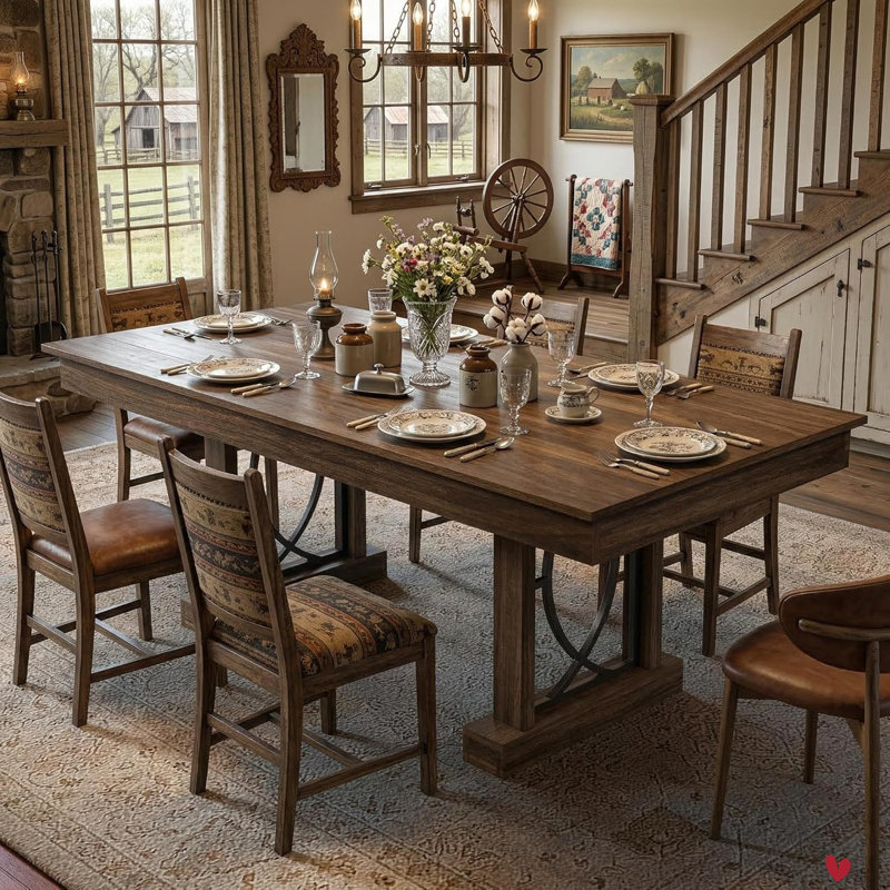 Dining Table for 6-8 w/ 2 Drawers, Wooden Kitchen Table w/ Double Pedestal & Large Tabletop, 8 Ft Large Rectangular Dinner Table w/ Sturdy Frame