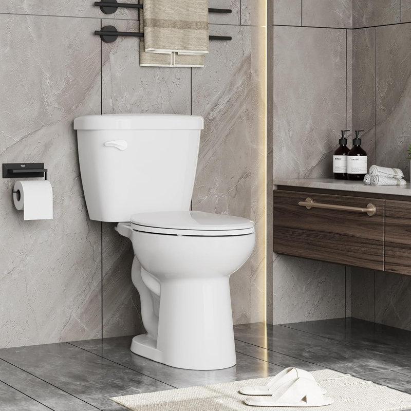 Two-Piece Elongated Ceramic Toilet, 1.28 GPF Single Flush, Universal Height, Soft Close Seat, 12-Inch Rough-In, White