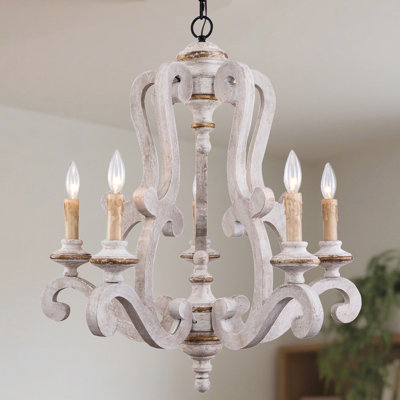 Lustre en bois classique à 5 lumières de style bougie avec bras courbés et chaîne de suspension réglable Danbury