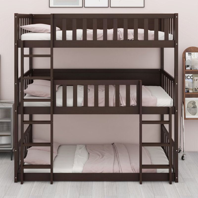 Triple Wood Bunk Bed, With Ladders, Guardrails Detachable Bunk Bed, Espresso