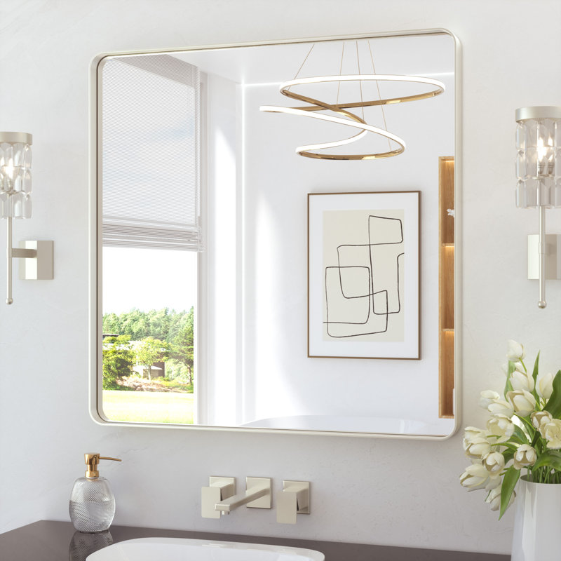 Miroir de salle de bain plombier en aluminium incassable et résistant à la rouille , 36 po x 36 po, Carrée, Nickel brossé