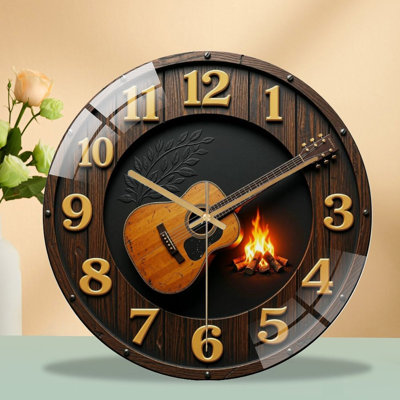 Dark rustic wood wall clock with vintage guitar & glowing campfire, sleek flat golden 2D numerals, silent quartz movement & tempered glass front. Cozy cabin musical decor for bars, music studios and mountain lodges.