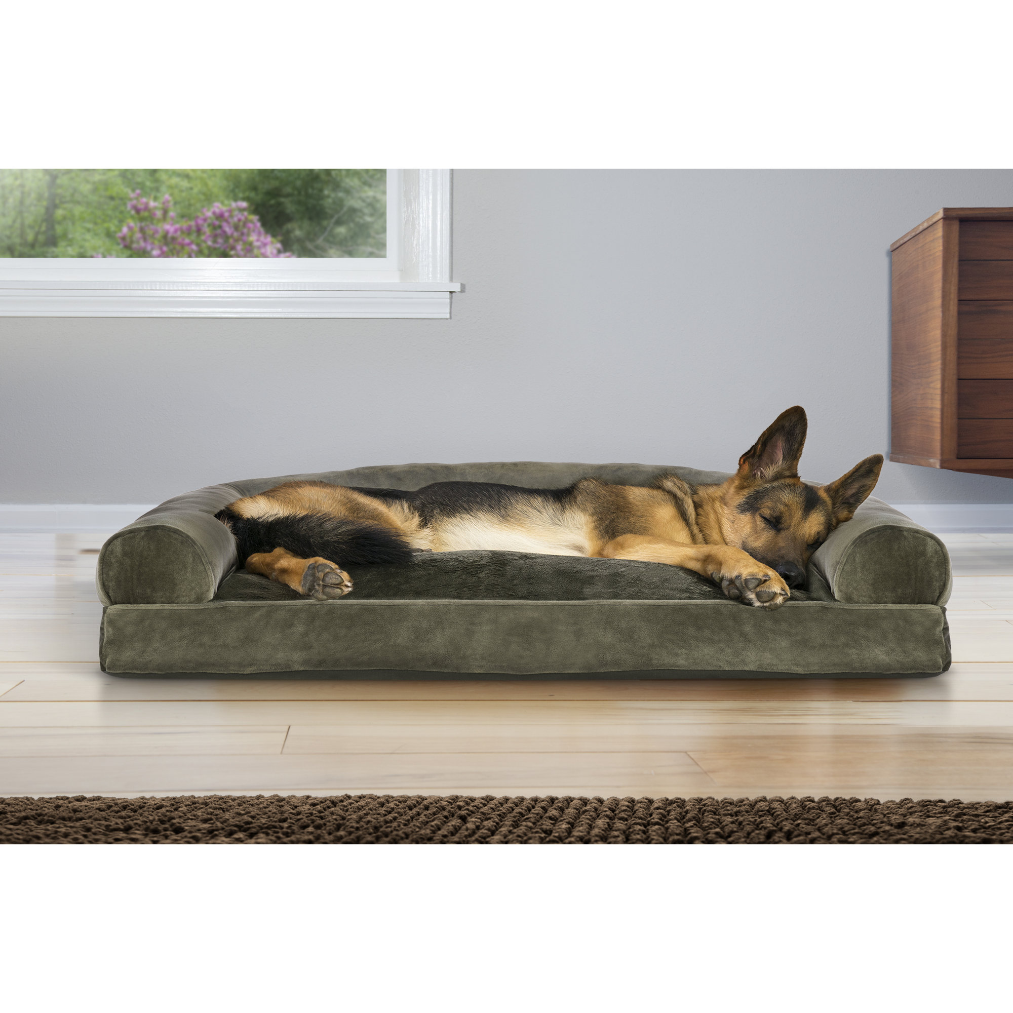 Faux Fur & Velvet Pillow Sofa Pet Bed, Dark Sage, Jumbo (40" W x 32" D x 8" H)