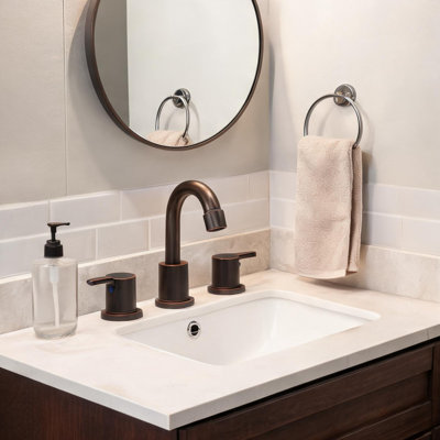 Oil-Rubbed Bronze 8 in Bathroom Faucet with Swivel Spout, Pop-Up Drain and Two Handle Design