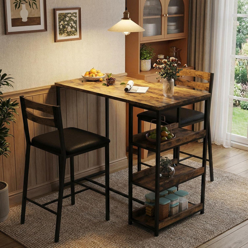 Ensemble de table de salle à manger à hauteur de comptoir 36 po pour 2 personnes avec chaises de bar et tablettes de rangement rembourrées, peu encombrant, appartement, studio