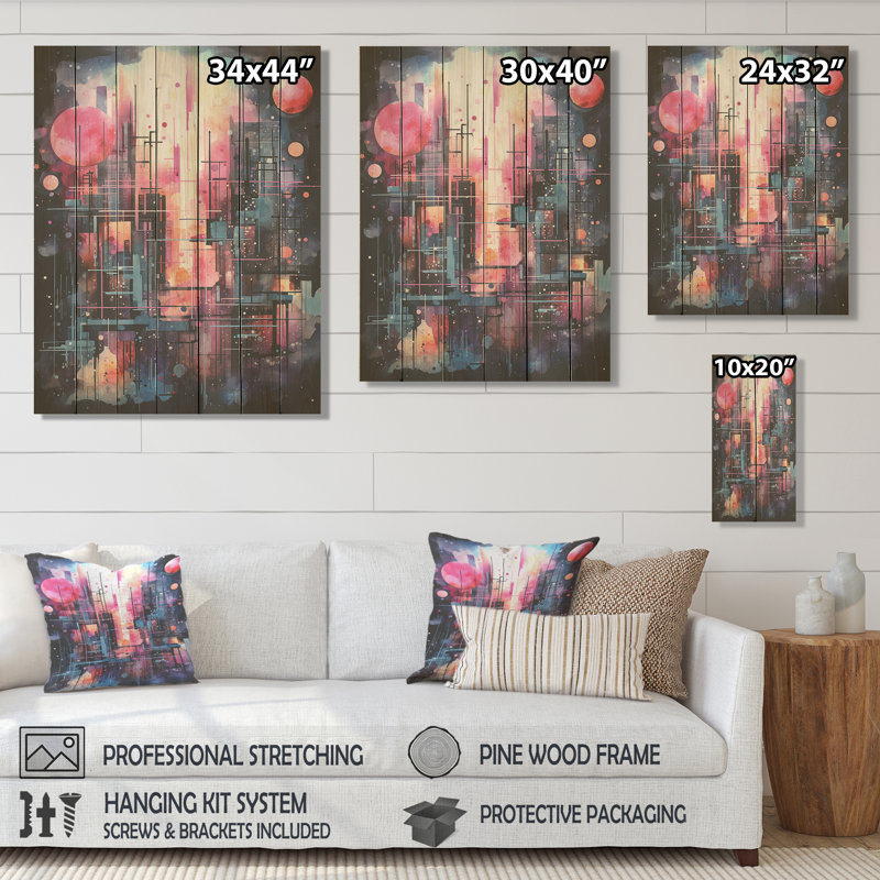 Abstrait nuit lumineuse rose nordique II - aurores boréales sur bois, H 20 po x l 10 po