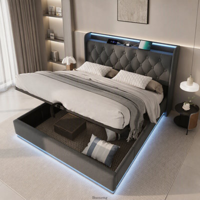 Très grand lit tapissier très grand avec DEL à 360 °, rangement hydraulique et charge USB Type-C, polyuréthane noir, cadre de lit à DEL avec rangement relevable