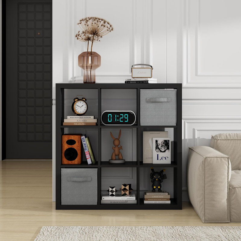 Bookshelf with Storage Bins, 9-Cube Storage Organizer Wooden Bookcase Open Book Shelf, Black