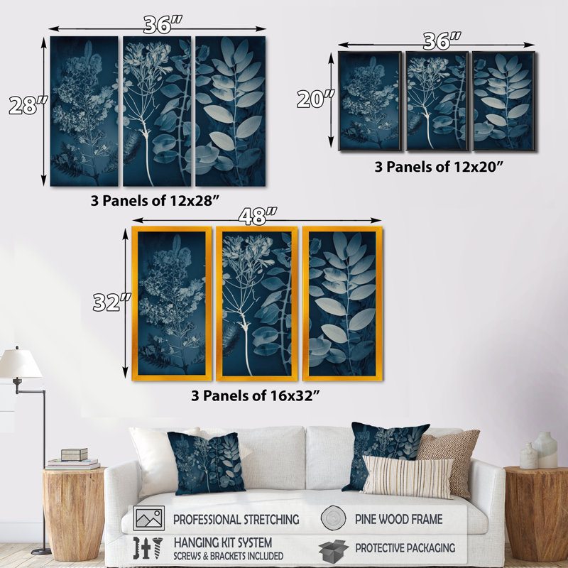 «Retro Wildflowers in Shades of Blue I», reproduction sur toile 3 pièces, Toile avec cadre naturel