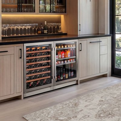 Ca'Lefort 24" Wine & Beverage Fridge Bundle – 61-Bottle Wine Fridge & 200-Can Beverage Cooler, Dual Zone 34–65°F Temp Control, Glass Doors, 3-Color LED Lighting, Adjustable Wood & Metal Shelves, Built-In or Freestanding (2 Units)