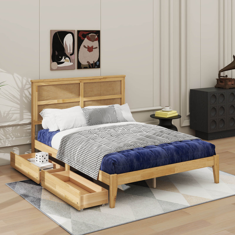 Structure de lit en bois d'hévéa avec deux tiroirs de rangement intégrés, Lit double, Chêne blanc