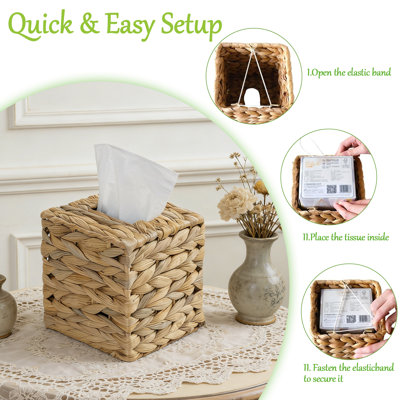 Handwoven Water Hyacinth Square Tissue Box Cover Decorative Natural Fiber Napkin Holder, 5.7" x 5.7" x 5.9"