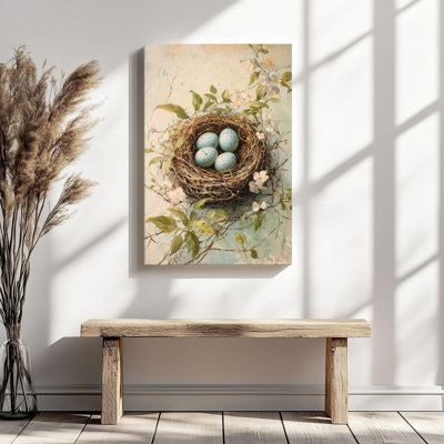 2D Flat, 1Pc Framed Canvas Wall Art, Bird's Nest with Blue Eggs, Spring Flower Branches, Impressionist Still Life Style Art Print Canvas Poster Painti