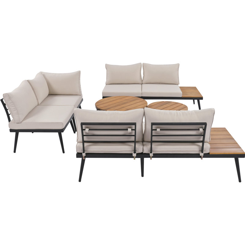Ensemble de canapés modulaires d'extérieur 6 pièces avec tables basses gigognes et sièges avec coussins pour terrasse, porche et jardin (beige) TREXM