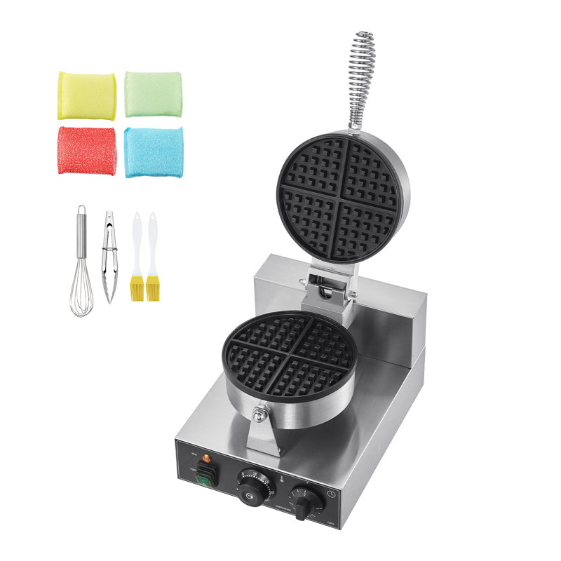 Gaufrier professionnel, 1230 W, gaufrier rond en acier inoxydable antiadhésif, gaufrier belge avec contrôle de la température et du temps, poignée, conçu pour les restaurants, boulangeries, casse-croûte et familles.
