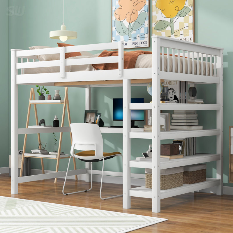 Lit mezzanine avec tablettes de rangement, Blanc, Lit double