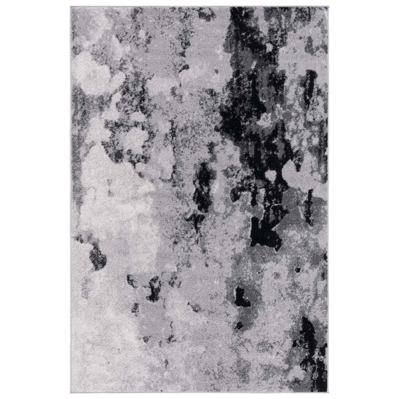 Tapis gris / noir en polypropylène tissé à la machine à motif abstrait Leonaldo, Rectangle 2 pi 6 po x 4 pi