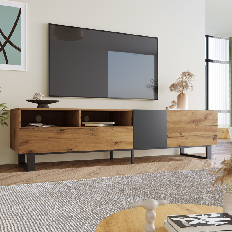 Meuble audio-vidéo moderne et console multimédia, meuble télé pour téléviseur de 80 pouces avec double espace de rangement et porte rabattable pour le salon, la chambre à coucher ou le cinéma maison | Idée de cadeau
