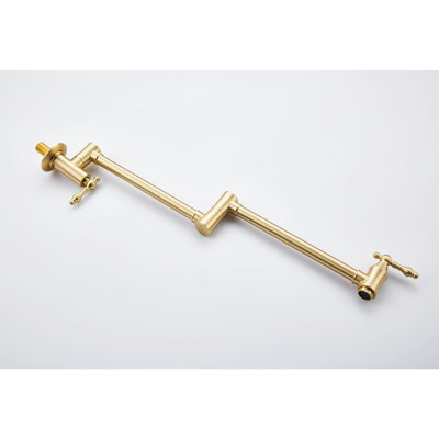 Wall Mounted Folding Kitchen Faucet In Brushed Gold - 360 Rotatable, Brass, Double Handles For Simple Water Flow Control, Corrosion Finish, Space Saving Option Mount Pot Filler Arm, Swivel, Quality