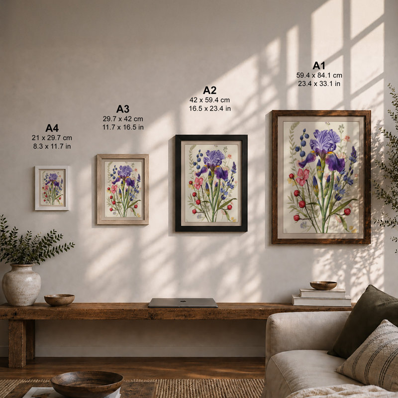 Iris and Specimen Botanical - Framed Print, Oak, A4 - 29.7 x 21.0 cm