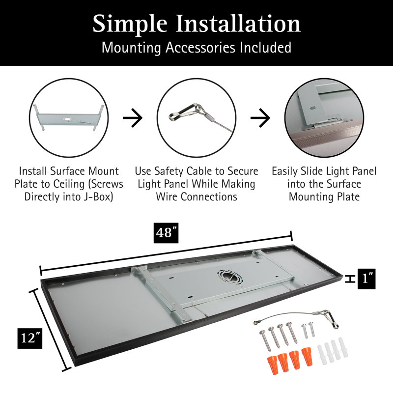 Surface Mount Ceiling Light Panel – Slim, Edge Lit, Flush Mount Flat Panel, 48" W x 12" D, Matte Black