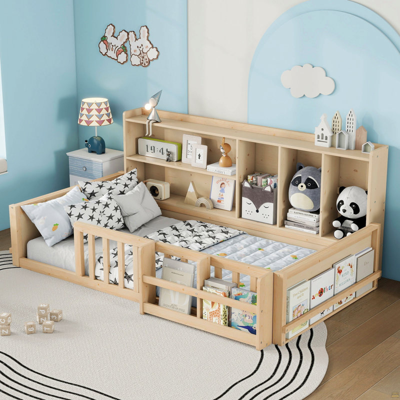 Full Size Kids Wooden Platform Bed Frame with Guardrail Fence, Side Storage Shelves & Book Shelf, Space Saving Floor Bed, Natural