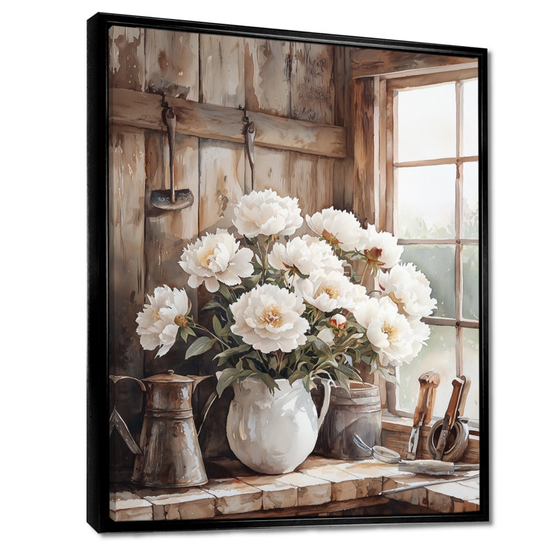 Ferme pivoines dans la remise laitière I - pivoines, art mural, H 20 po x l 12 po, Reproduction avec cadre flottant, Noir