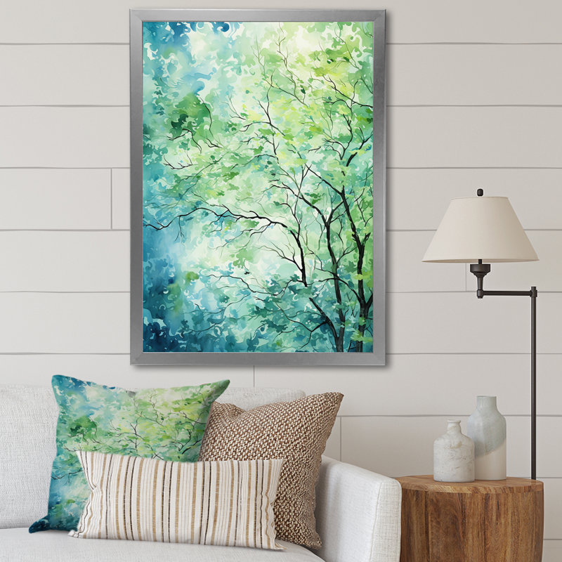 «Green Tree American Basswood Spring Blooms III», art mural arbre, H 20 po x l 12 po x P 1 po, Cadre simple argenté