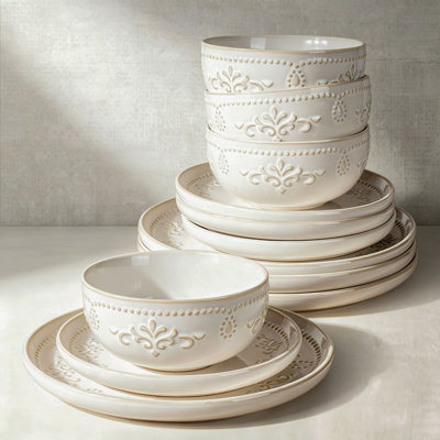  12-Piece Dinnerware Set for 4,Reactive Glaze, Food-Grade Everyday Tableware, Microwave, Dishwasher & Freezer Safe, Wedding Registry, Housewarming & Holiday Gifts, Damask(White)