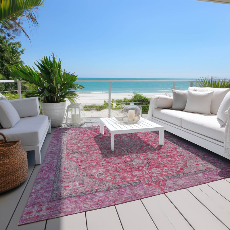 Tapis rose intérieur / extérieur lavable à la machine Claudian ACN1651, Rectangle 10 pi x 14 pi