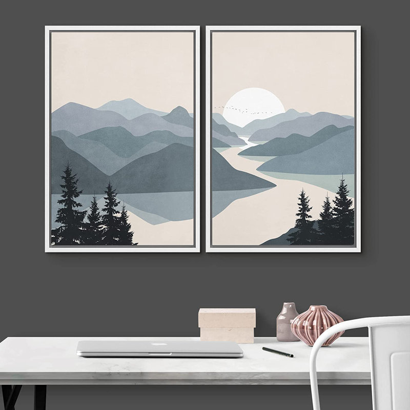 "Sun Mountain Landscape" Greenish Grey River Abstract Nature, reproduction d'art sur toile encadrée 2 pièces, Blanc