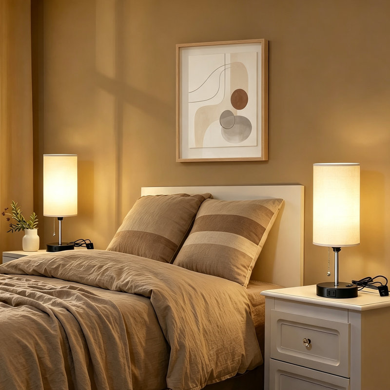 Lampe de table pour la chambre à coucher avec prise de courant et ports USB, lampe de chevet à abat-jour beige 15 po à 3 couleurs pour la chambre à coucher, le salon et les ampoules incluses