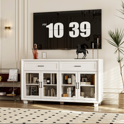 63'' W 2-Drawer TV Stand Media Console & Sideboard With Glass Doors