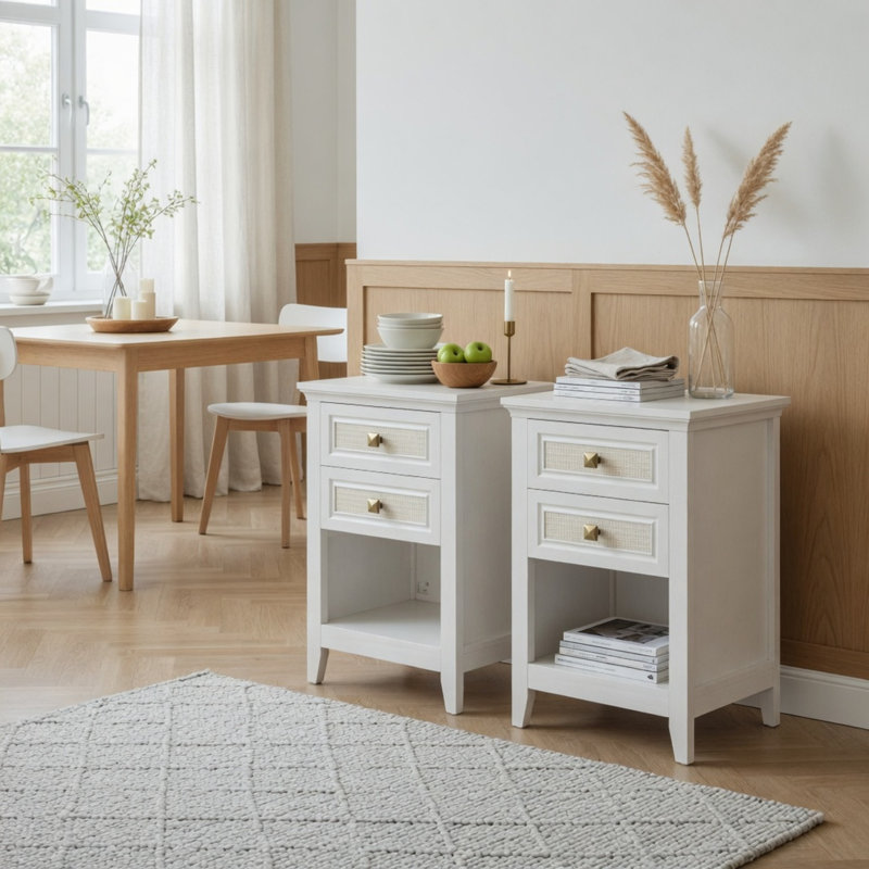 Ensemble de 2 tables de chevet blanches en rotin blanc - 27 po de hauteur avec 2 tiroirs pour la chambre à coucher et les petits espaces