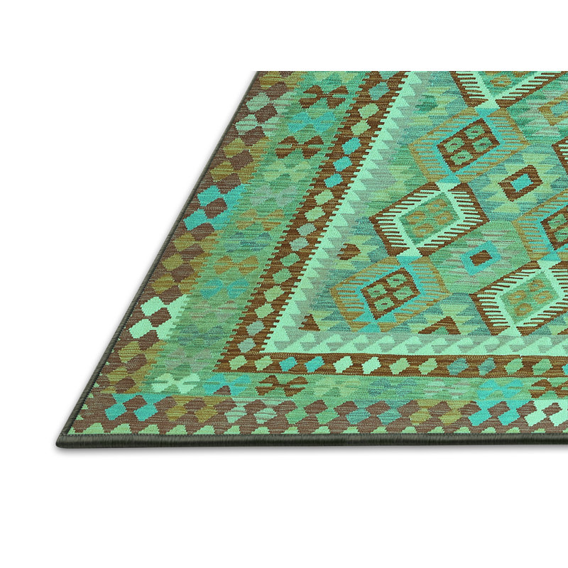 Tapis vert / brun / bleu en laine et en polyester tissé à la machine Ikat