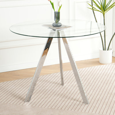 Table de salle à manger ronde moderne en verre 39,2 po avec comptoirs en verre transparent et pieds en métal galvanisé Modern