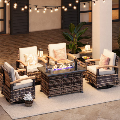  7 Pieces Patio Furniture Sets With Fire Pit Table, Wicker Outdoor Conversation Sets With 4 Swivel Rocker Chairs And Side Table(Grey)