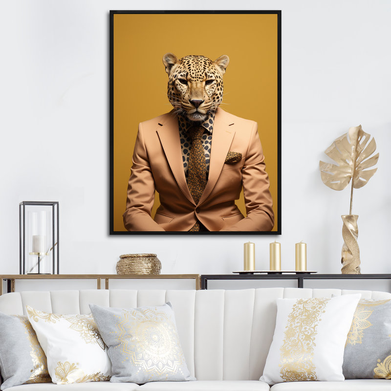 Art mural jaune guépard II, Cadre flottant noir, H 20 po x l 12 po x P 1 po