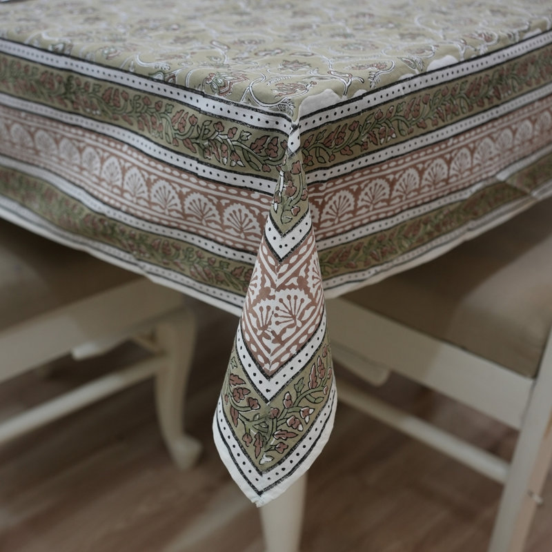 Housse de table en coton Elegant Block Print - Leaf & Bloom Design, Saraswati, vert, L 72 po x L 140 po