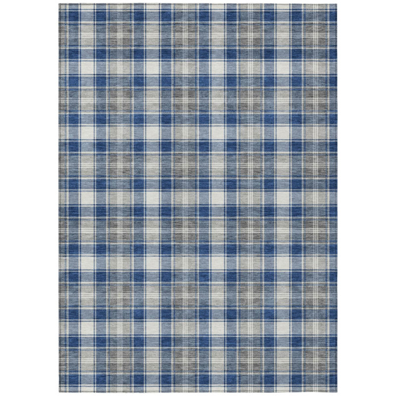 Tapis lavable à carreaux bleu marine, ivoire et gris, 90 x 150 cm, pour intérieur et extérieur.