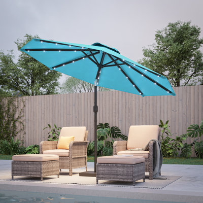 Parasol de marché 9 pi avec lumières DEL, cadre de table résistant aux intempéries
