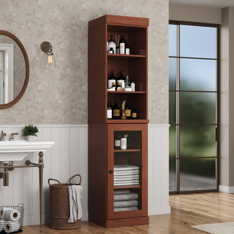 Armoire de rangement 100% bois massif 16,5 po avec portes en verre transparent et tablettes réglables, Moka