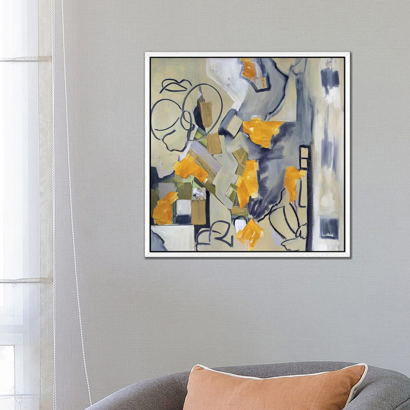 Seated Figures In Urban Landscape II by Pamela Staker - Painting on Canvas, White Framed