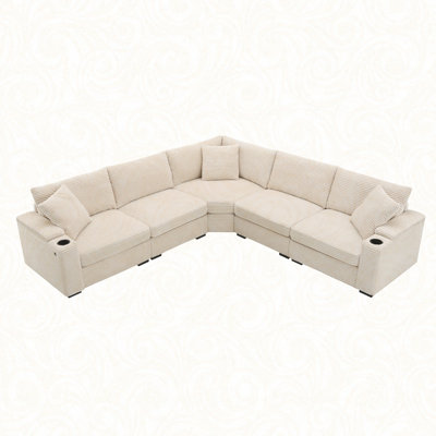 Canapé modulaire convertible en forme de L, canapé d'angle en velours côtelé avec rangement pour accoudoirs, porte-gobelets, chargeur USB, coin irrégulier, canapé modulaire surdimensionné et confortable pour le salon, un appartement