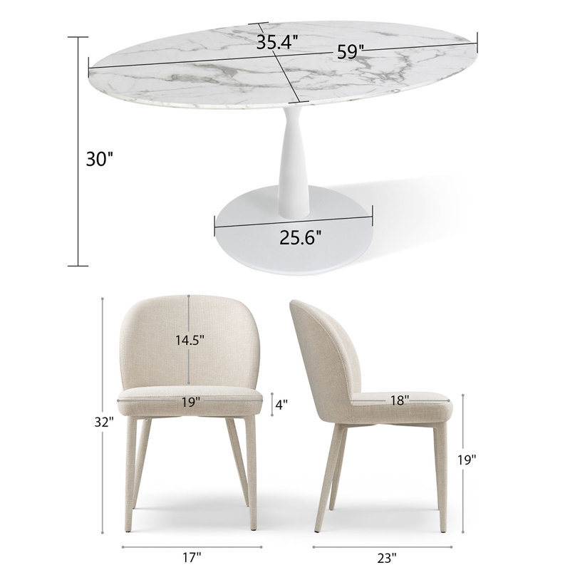 5-Piece Oval Faux Marble Dining Table Set With 4 Upholstered Dining Chairs, Modern Pedestal Kitchen Table Set For 4, White