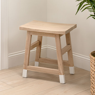 Finesse Handcrafted 18" Solid Wood Accent Stool with Natural/White Dipped Legs, Farmhouse Backless Vanity Seat & Decorative Plant Stand